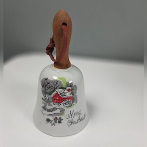 1960s Enesco Japan Porcelain Merry Christmas Scene Bell Handbell w/ Wood Handle